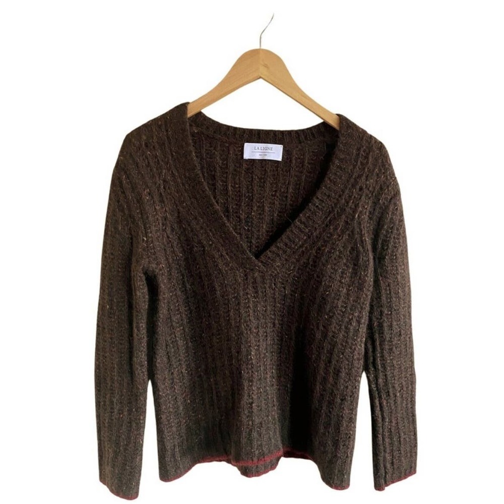 LA LIGNE Brown Sweater Fuzzy Wuzzy Pullover V-Neck Alpaca Cotton Wool Red Trim S - Picture 4 of 12